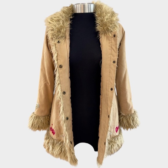 Vintage 90's H&M Tan Faux Suede Embroidered Faux Fur Jacket Coat Size 9/10Y - Picture 5 of 12